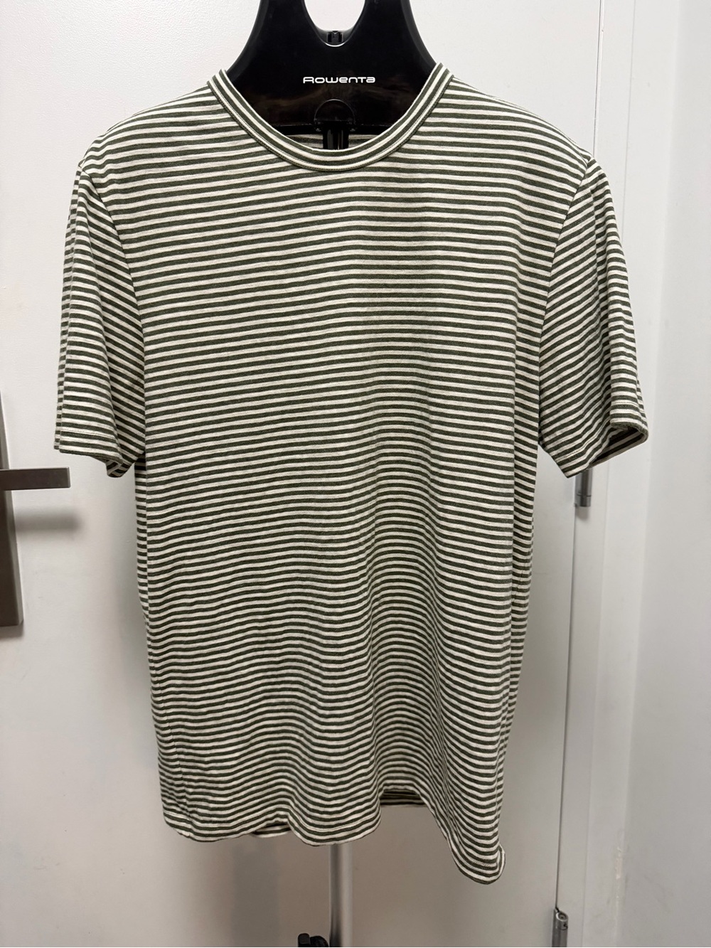 Theory Olive and White Striped Crew Neck Tee